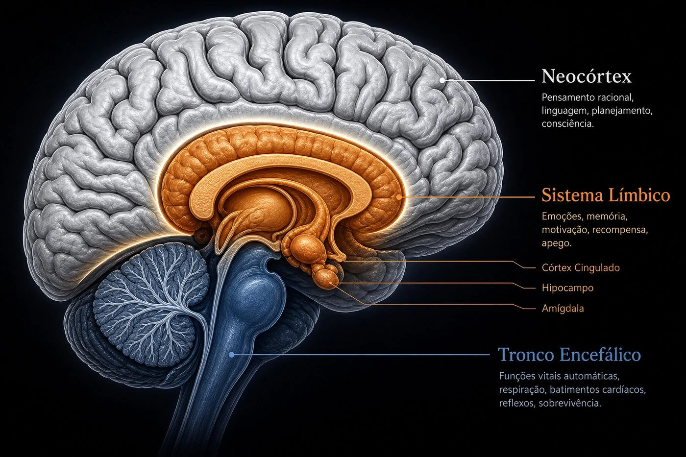 Diagrama do cérebro humano com legendas: Neocórtex, Sistema Límbico (Córtex Cingulado, Hipocampo, Amígdala) e Tronco Encefálico